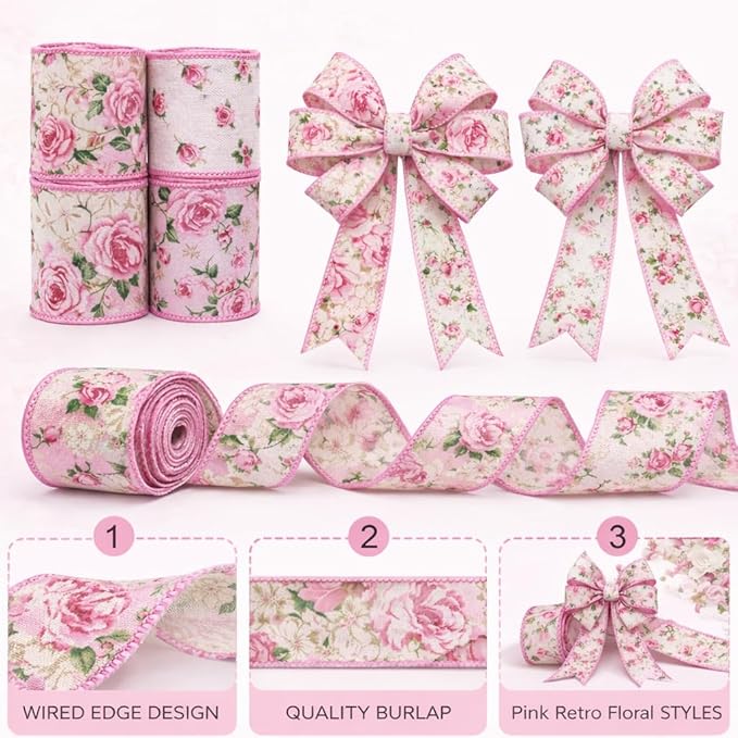 Pink Floral Ribbon with Wire, Vintage Rose Wired Ribbon for Bow Making, Wreath Craft, Gift Wrap, Spring Summer Holiday Wedding Birthday Baby Shower Party Home Decor,4 Rolls,2.5 Inch (Pink)