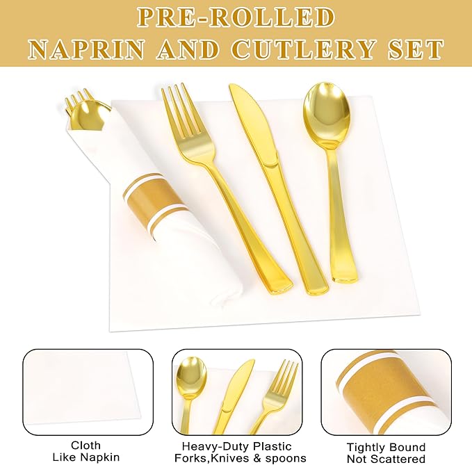 10 Pack Pre Rolled Gold Plastic Silverware Set,Wrapped Plastic Cutlery Set with Napkin Include 10 Forks,10 Spoons,10 Knives and 10 White Napkins for Party,Wedding,Birthday