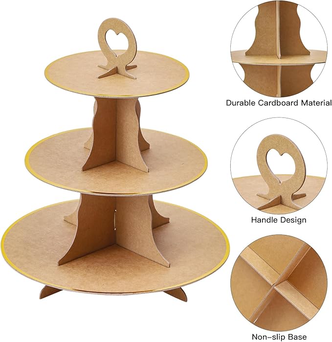 Soleebee 3-Tier Round Cupcake Stand, Cardboard Cupcake Tower, Dessert Cup Cake Stand Tower for Birthday Wedding Party Decoration, Cupcake Tier Stand 1 Set (Brown Gold)
