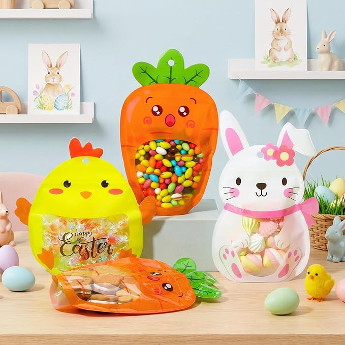 Resurhang 60 Pcs Easter Treat Bags Candy Zipper Cute Bunny Carrot Chick Food Goodie Gifts Bags Resealable Easter Rabbit Snack Containers with Handle for Some Bunny Is One Baby Shower Party Supplies