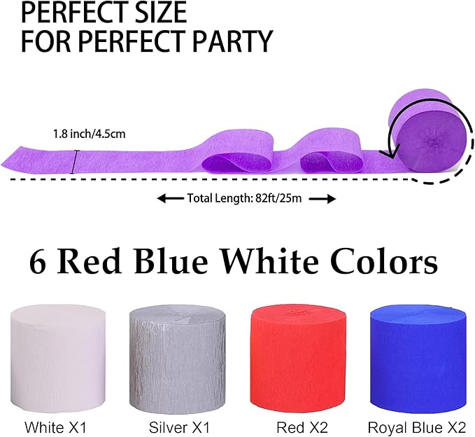 Crepe Paper Streamers 6 Rolls 492ft, Pack of Red Blue White Party Streamers for USA Decorations, American Party Decorations,4th of July Decorations (1.8 Inch x 82 Ft/Roll)
