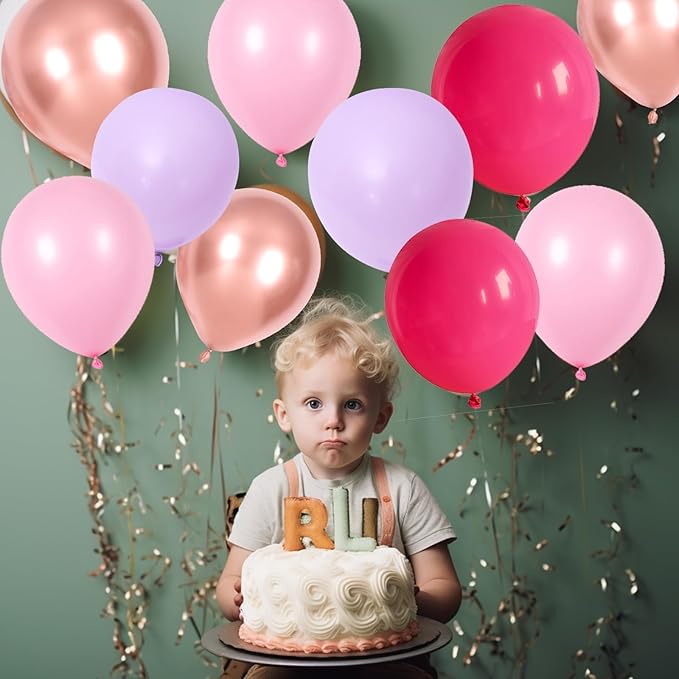 Pink and Purple Balloon Set, 60Pcs Hot Pink Lilac Lavender Balloon with Metallic Rose Gold Balloons, Purple Pinks Rose Red Latex Balloons for Girl Mermaid Butterfly Birthday Party Decorations