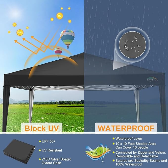 COBIZI 10x10 Ez Pop Up Canopy Tent, UPF 50+ Waterproof Outdoor Canopy, Instant Portable Camping Canopies Gazebo for Commercial Sun Shade Party Backyard with 4 Sandbags(Black)