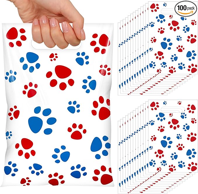 Pasimy 100 Pcs Dog Paw Gift Bags Bulk Pet Paw Puppy Plastic Treat Favor Candy Goodie Bags with Handle for Dog Birthday Party Decoration Supplies (Red White and Blue)