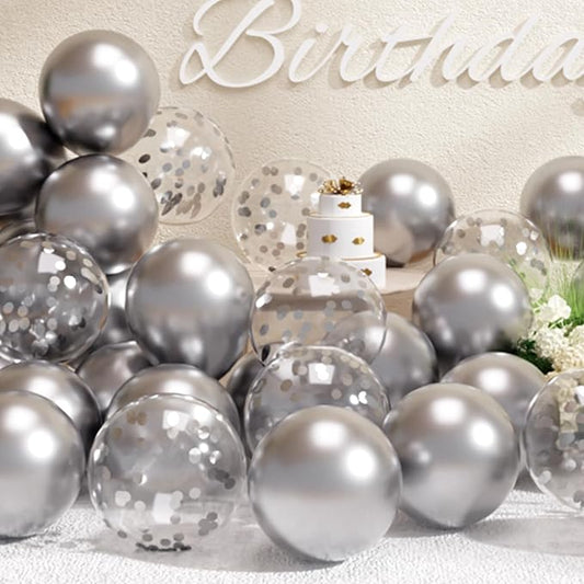 SUWEN Silver Metallic Balloons and Confetti Balloons Set 47PCS Latex Helium Chrome Silver Balloon for Birthday Graduation Anniversary Party Decorations