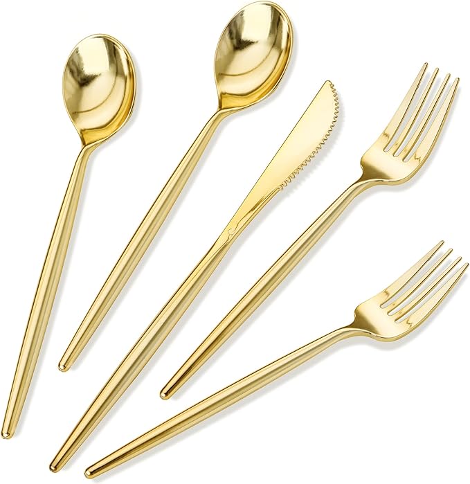 Rubtlamp 180Pcs Gold Plastic Silverware,Luxury Gold Plastic Cutlery,Heavy duty Golden Disposable Flatware, Utensils Set Disposable Include 60Gold Forks,60Gold Spoons,60Plastic Knives for Party,Wedding