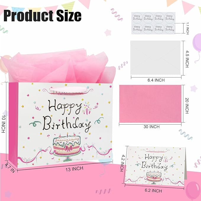 Oletx 13" Large Happy Birthday Pink Paper Bags,Pink Gift Party Favor Bags with Tissue Paper Birthday Card for Women's Party,Mother's Day,Valentine's Day