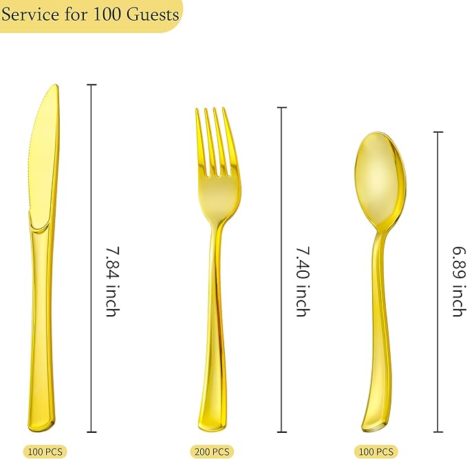 400PCS Gold Plastic Silverware, Gold Disposable Utensils, Heavy Duty Cutlery Set Includes 200 Forks,100 Knives,100 Spoons, Flatware for Party Wedding