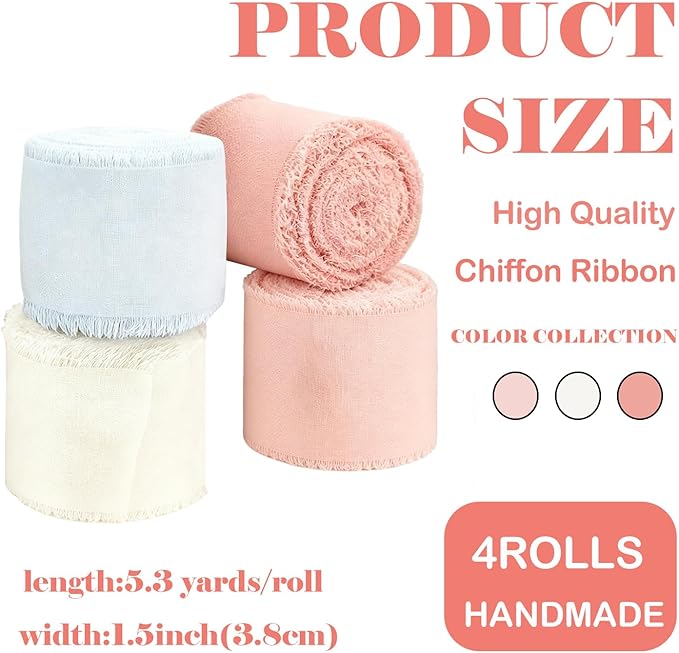 Chiffon Ribbon,1.5 inch x 21 Yards 4 Rolls Pink Handmade Fringe Edges Chiffon Ribbon for Gift Wrapping Wedding Invitations Bridal Bouquets Crafts Home Decor (Pink)