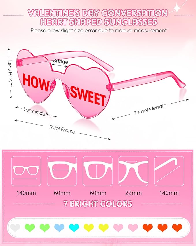 LEIFIDE 12 Pieces Valentine Heart Shape Rimless Fun Sunglasses Conversation Heart Glasses Eyewear for Wedding Party Favor