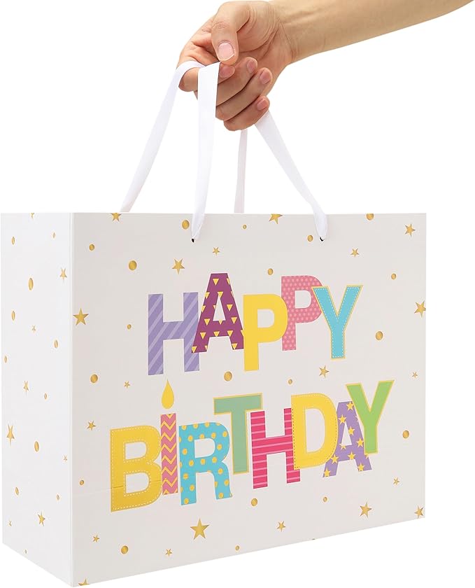 Qirrmiy 13'' Large Happy Birthday Gift Bag Set with Handles, Greeting Card, White Tissue Papers and Stickers for Women Girls Kids Teens, Foil Letter Design, 1 Pcs