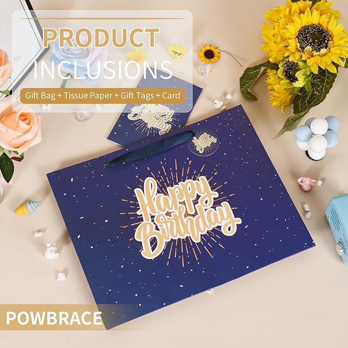 Powbrace 13" Blue Happy Birthday Gift Bag with Tissue Paper and Greeting Card for Party,Happy Birthday Gift Bag for Men Women, Gift Bags Medium size(2 PCS Blue)