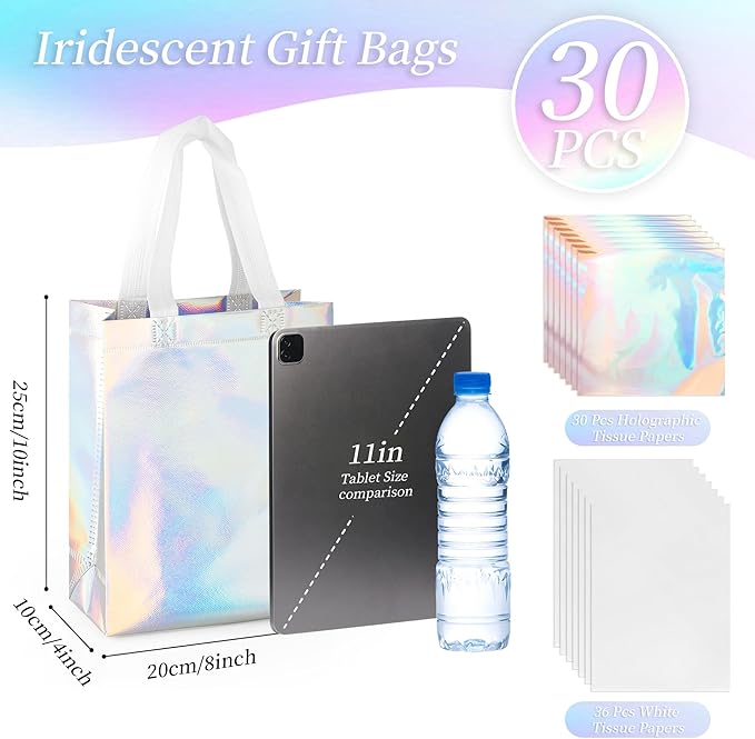 GouZaak 30 Pack Iridescent Gift Bags, Holographic Reusable Gift Bags With White Handles And 2 Style Tissue Paper, 8 x 4 x 10 Inch Medium Size, Iridescent Party Favor Bags For Wedding Birthday Holiday