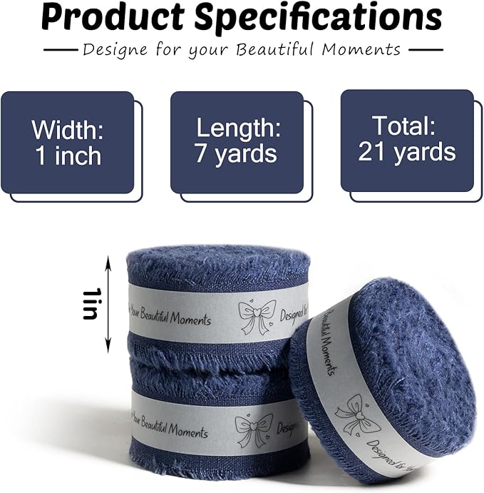Navy Blue Cotton Ribbon 1 Inch Navy Blue 3 Rolls 21 Yards Frayed Edge Fabric Set for Formal Wedding Decor, Graduation Party, Gift Wrapping, Patriotic Party & Memorial Day