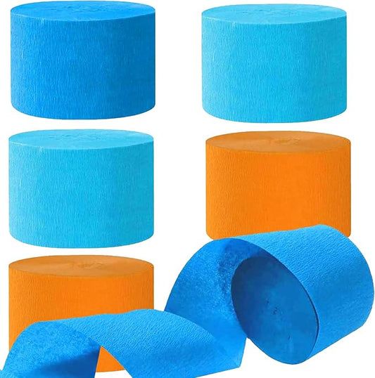 Blue and Orange Crepe Paper Streamers - 6 Rolls Party Streamers for Birthday Blue Orange Party Decorations