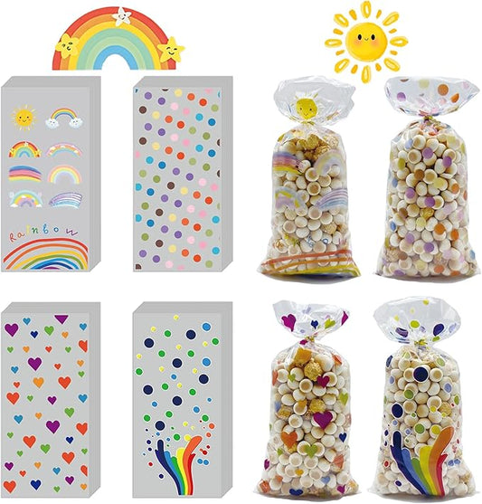 EatnMgan 200Pcs Rainbow Cellophane Treat Bags,Cellophane Bags,Party Favors Bags Cellophane Treat,Goodie Candy with 220Pcs Twist Ties for Candy Cookie Birthday Classroom Weddings Anniversary Baby Shower Supplies