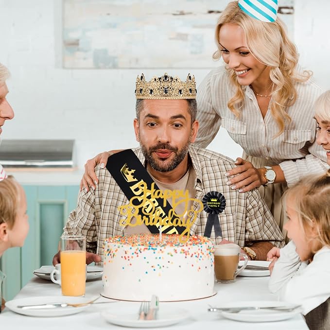 Junkin 5 Pieces Birthday Man Accessories Include King Crown King Sash Tinplate Badge Pin Brooch Hanging Chain Crown for Man Birthday Party (Vivid Style,Small)