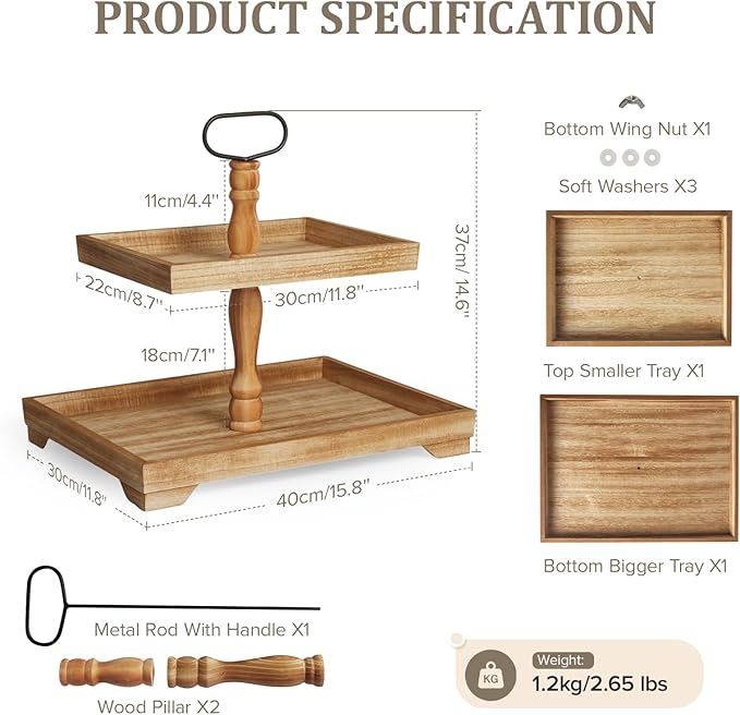 Rustic Wooden 2 Tiered Tray Stand, Farmhouse Tiered Serving Tray Decor, Rectangle Wood Display Stands for Food Fruits Cupcake and Seasonal Festive Decorations (Brown)