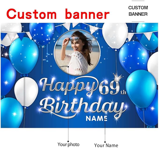 Custom Happy 69th Birthday Decoration Banner - Personalized Navy Blue Birthday Party Banner in Large Sizes-Custom Photos and Names