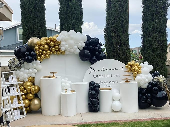 Black White Gold Latex Balloons, 50pcs 12 Inches Black White Gold Confetti Party Balloons with 1 Ribbon for Birthday, Graduation, Anniversary,Wedding, New Year Party Decorations