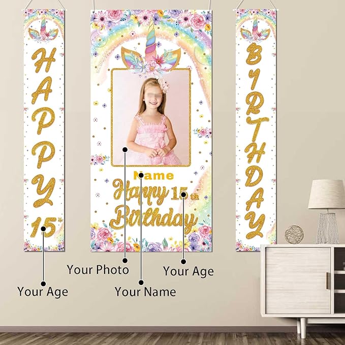 Custom Photo Birthday Banner Set Personalized Door Banners Polyster Backdrop Party Decorations Supplies Background for Birthday Newborn Baby Shower Celebration(Unicorn)
