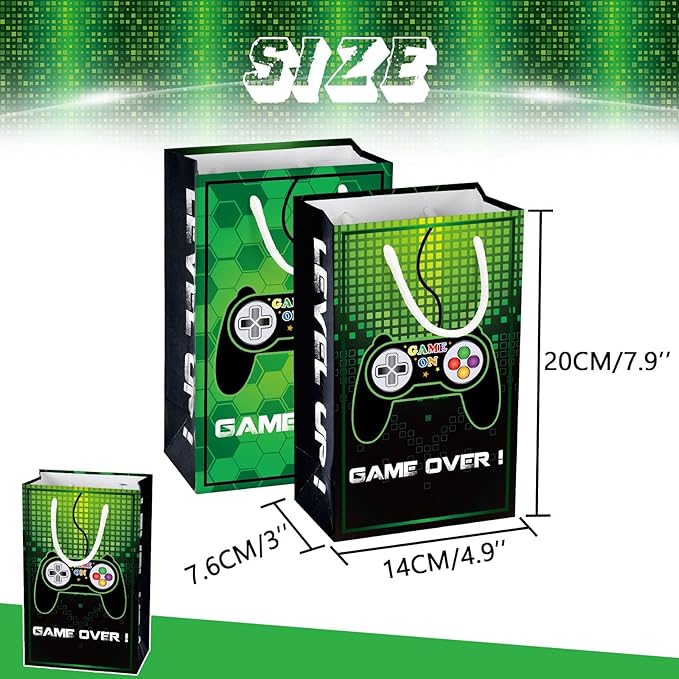 WERNNSAI Video Game Party Favor Bags - 16 Pack Gaming Birthday Party Decorations for Kids Boys Green Game Goodie Bags with Handles Game On Birthday Party Supplies for Baby Showe Anniversary