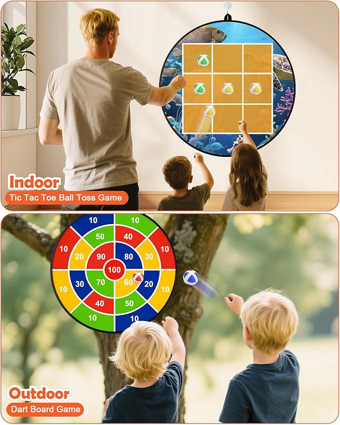 Outdoor Giant Tic Tac Toe Games, 4.5FT x 4.5FT Double-Sided, 26" Dart Board with Sticky Balls, Soft Plastic Cones Ring Toss Game Set for Kids Adults Family Outside Carnival Lawn Yard Party Games