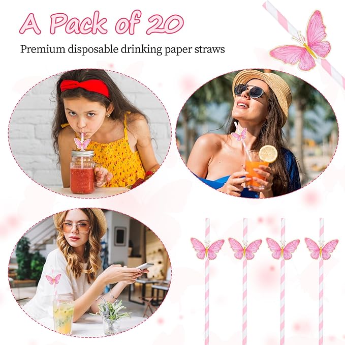 20 Pcs Butterfly Stripe Paper Straws, Pink Stripe Paper Party Straws Butterfly Floral Decor Cute Disposable Drinking Straws Set for Valentine's Day Birthday New Year Party Supplies Wedding