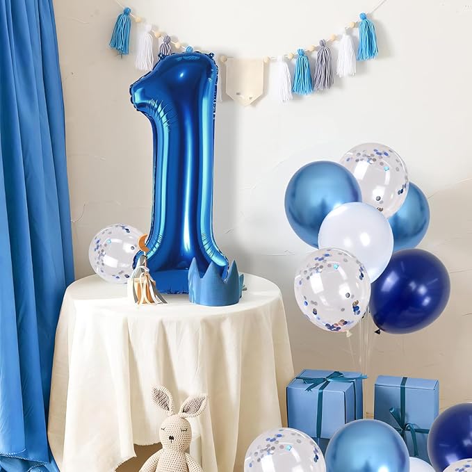 Dark Blue Number 1 Balloon 40 Inch, Large Balloon 1 with Metallic Light Navy Blue Silver Confetti Balloon, Self Inflating Helium Foil One Balloons for Boys 1st Birthday Party Baby Shower Decorations