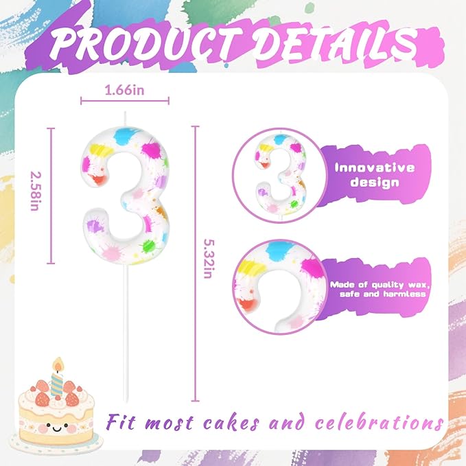 Paint Birthday Candles, Art Paint Party Decoration Supplies, Birthday Number Candles for Cake Topper (Multicolour, Number 3)