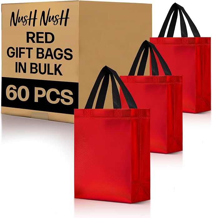 Nush Nush Red Gift Bags Bulk Medium Size - Set of 60 Shiny Red Gift Bags with Handles - Goodie Bag for Valentine's Day Gifts, Birthday Parties, Wedding, Small Business, Big Special Events - 8Wx4Dx10H