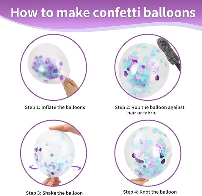 RUBFAC Purple Party Balloons, Purple and Teal Balloons, 65pcs Metallic Purple Green Blue Confetti Latex Balloons for Magic Birthday Party Decorations