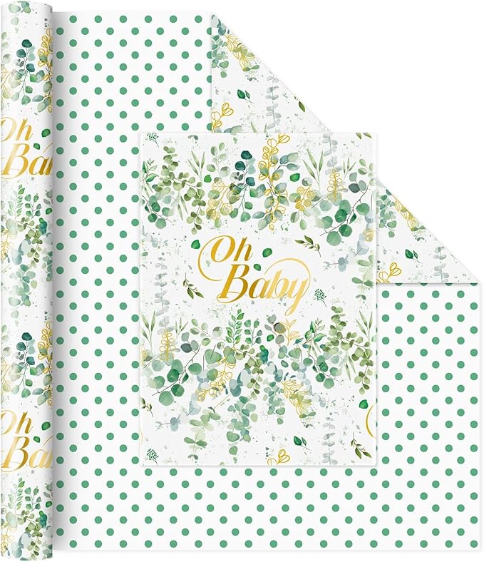 WERNNSAI Green Sage Wrapping Paper - 1 Roll 17”x 33 ft Baby Shower Wrapping Paper Green Flower Gift Packing Supply Wedding Bridal Shower Wrap Decor Favor for Baby Girls Birthday Festival Party