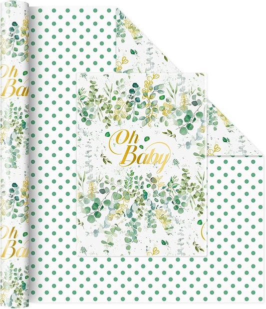 WERNNSAI Green Sage Wrapping Paper - 1 Roll 17”x 33 ft Baby Shower Wrapping Paper Green Flower Gift Packing Supply Wedding Bridal Shower Wrap Decor Favor for Baby Girls Birthday Festival Party