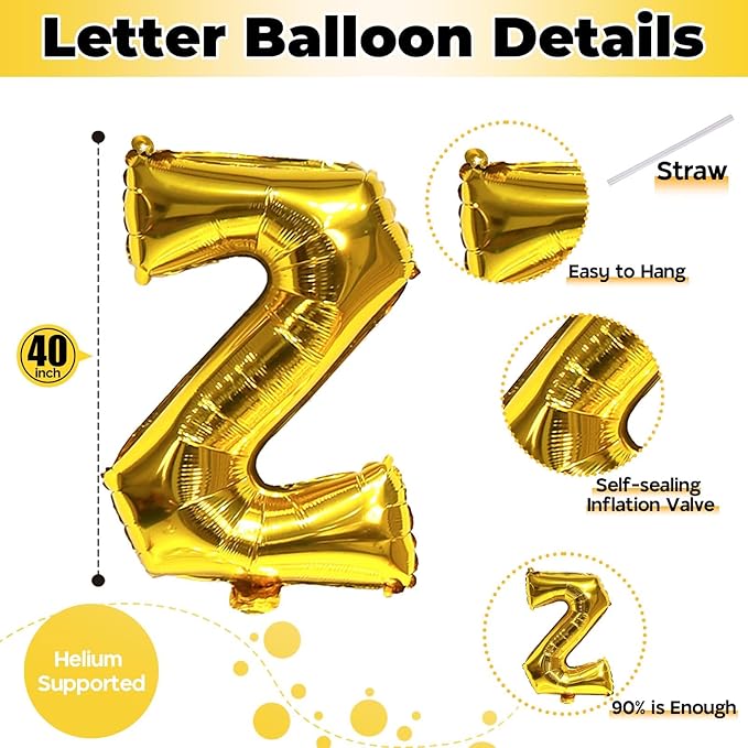 Foil Letter Balloons 40 Inch, Big Alphabet Z Word Balloons, Large Self Inflating Name Balloon Letters Gold Decor, Helium Custom Letter Balloons for Women Birthday Party Anniversary Decoration Supplies