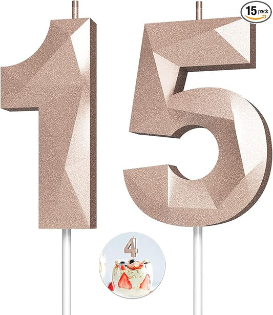 Number Birthday Candles(15 Candle Rose Gold) 3D Diamond Shape Number Happy Birthday Cake Candles for Birthday Party Wedding Decoration Reunions Theme Party