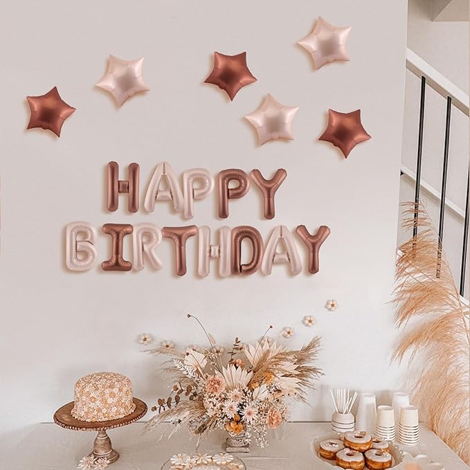CANREVEL Happy Birthday Banner 13pcs 16 Inch Mylar Foil Letters with 6pcs Star Balloons Birthday Party Decorations for Kids and Adults - 3D Caramel chocolate