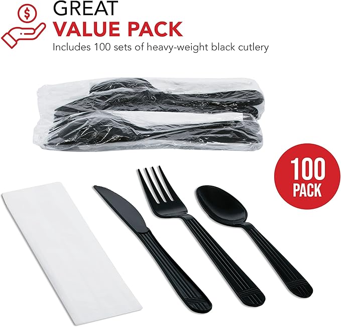 Party Essentials Individually Wrapped Black Plastic Cutlery Packets/Heavy Duty Silverware Kits, Fork/Spoon/Knife/Napkin, 100 Sets