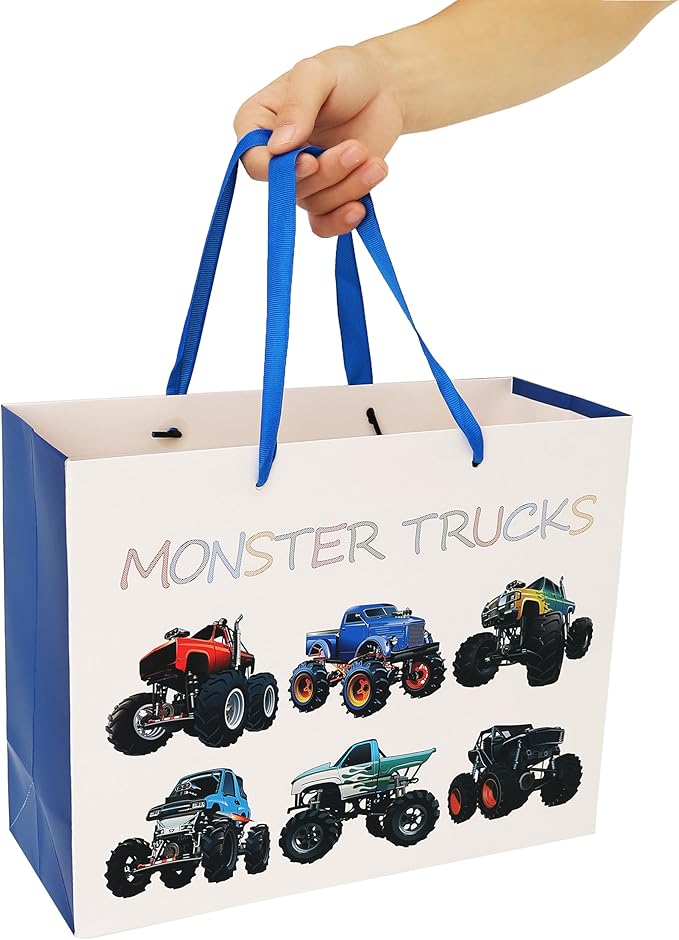 16.5” Extra Large Truck-themed Gift Bags Set with Greeting Card and Tissue Paper (Monster Trucks Design) for boys, Kids Birthday Party,Baby boy,Baby Shower,Newborn,New Moms or Parents