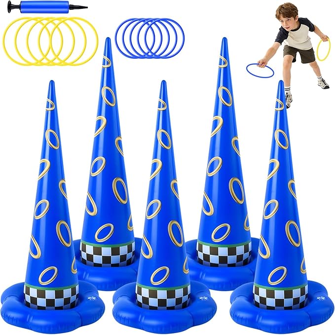 5 Pack Inflatable Ring Toss Game - Blue with Gold Ring Birthday Party Games with 10 Plastic Rings & Pump, Indoor Outdoor Carnival Toss Toy for Kids Party Favors