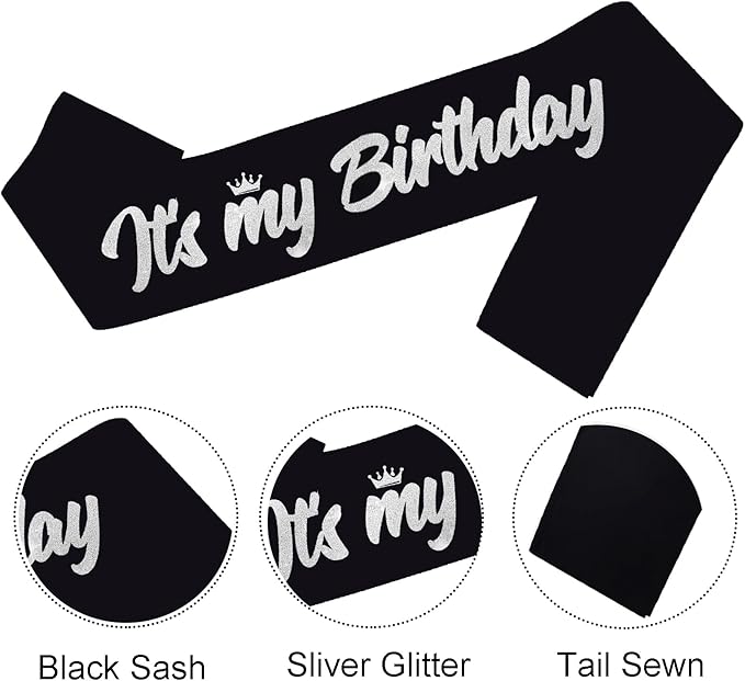 It's My Birthday Sash Black with Glitter Silver Letters Happy Birthday Sash for Women Men Boy Girl Bday Gift Ideas Party Favors