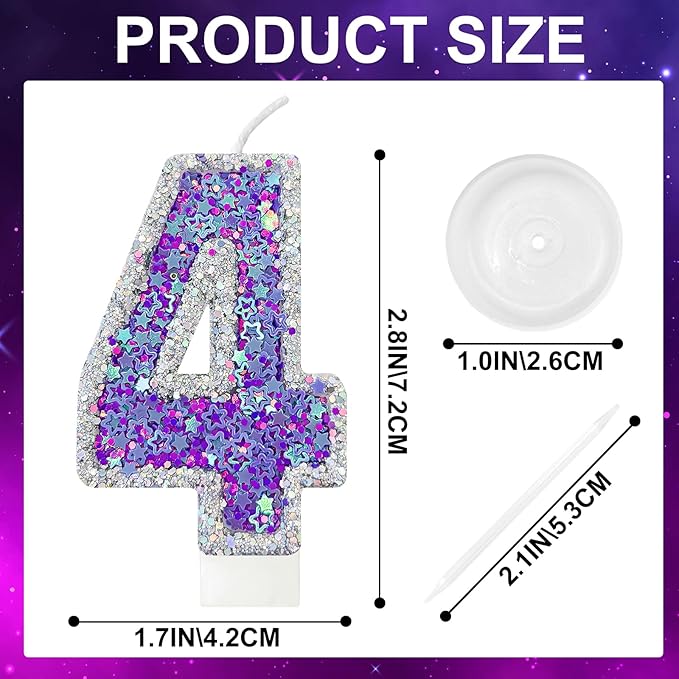 K-pop Number 4 Birthday Candle, Star Glitter Filled Number Candle, Purple Silver Fantasy Cake Topper for Birthday Party Decoration