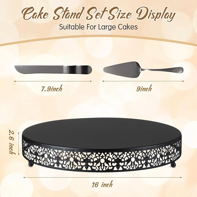 Wenqik 16 Inch Black Cake Stand Set Metal Round Cupcake Dessert Stand with Cake Cutting, Spatula Wedding Cupcake Pastry Display Candy Holder Display for Wedding Party Birthday Baby Shower(Classic)