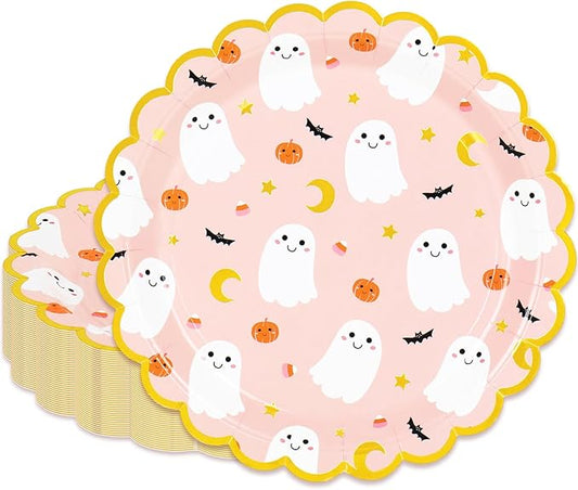 JarThenaAMCS 50Pcs Halloween Paper Plates Pink Ghost Disposable Plates 9 Inch Cute Boo Ghost Decorative Dinner Plate with Gold Foil Scalloped Edge for Trick or Treat Halloween Birthday Party Supplies