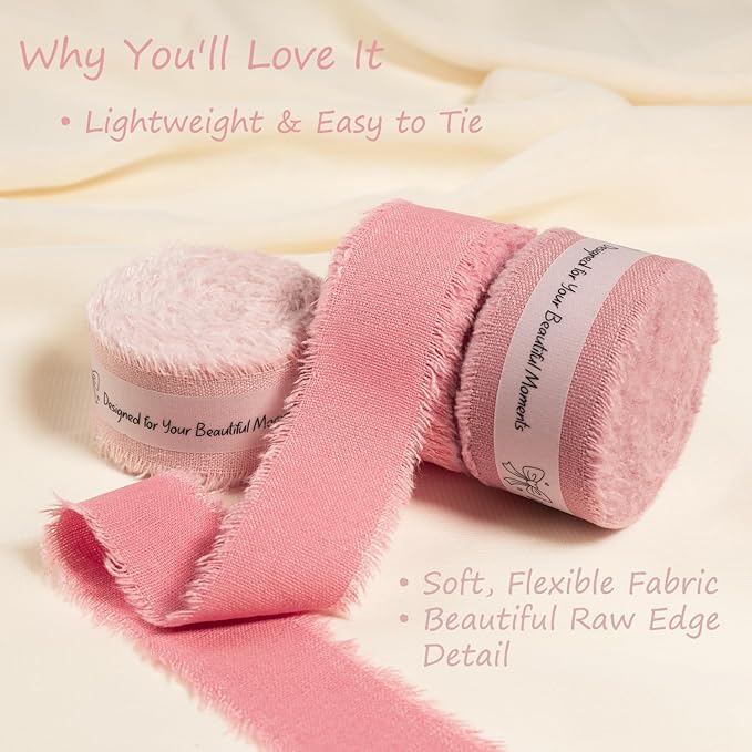 Pink Cotton Ribbon 1 Inch Pink, Baby Pink & Dusty Rose 3 Rolls 21 Yards Frayed Edge Fabric Set for Wedding Invitations, Bridal Shower, Baby Shower Decor, Bouquet Wrap & Gift Wrapping