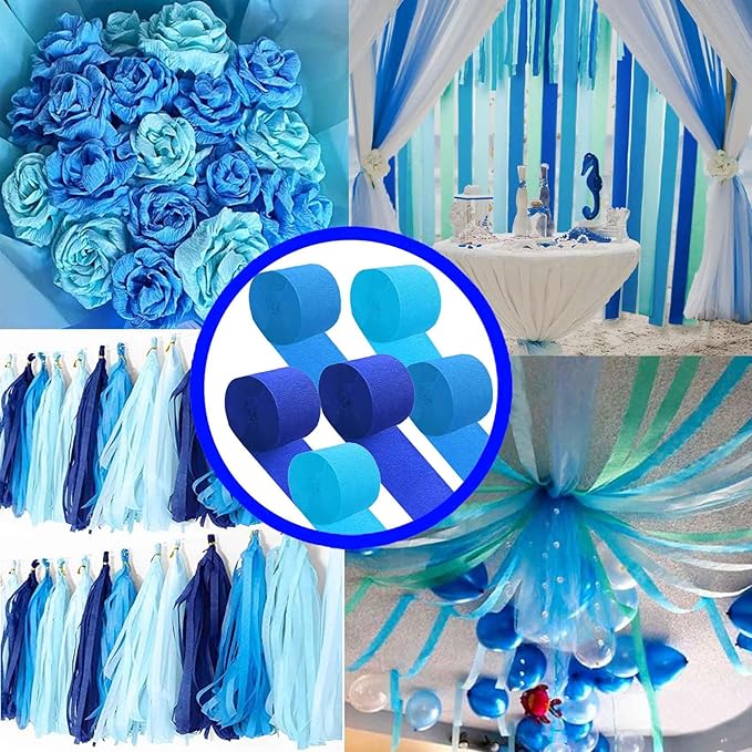 Blue Crepe Paper 6 Pcs Streamers for Party Decorations, Birthday Wedding DIY Crafts, Gift Wrapping Supplies