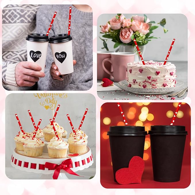 Whaline 200Pcs Valentine's Day Paper Straws Disposable Straws Romantic Red White Heart Drinking Straw for Valentines Party Wedding Anniversary Supplies