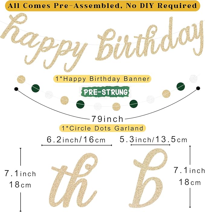 Sage Green Happy Birthday Decorations for Women, Pre-Strung Happy Birthday Banner with Honeycomb Balls, Paper Flowers, Lanterns, Hanging Swirls, Circle Dots Garland for Party Decor 24pcs