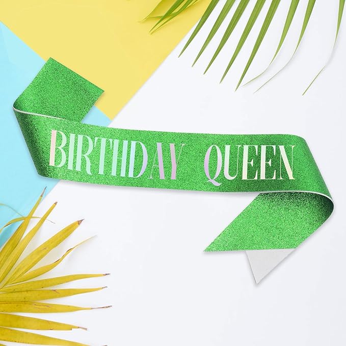 Birthday Queen Sash, Dazzle Foil Letter Glitter Green Birthday Sash for Women Girl 21st 30th 40th 50th 60th Funny Bday Gifts Party Favors Photo Prop