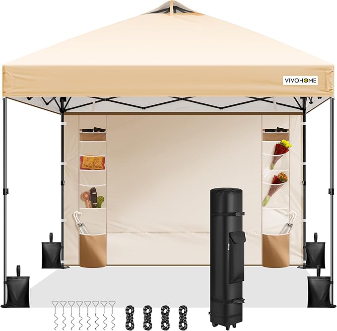 VIVOHOME 10x10ft Pop Up Canopy Tent with Sidewall and 6 Pockets, One Push Setup Outdoor Portable Shelter Tent Heavy Duty with Wheel Carry Bag and 4 Sandbags, Beige